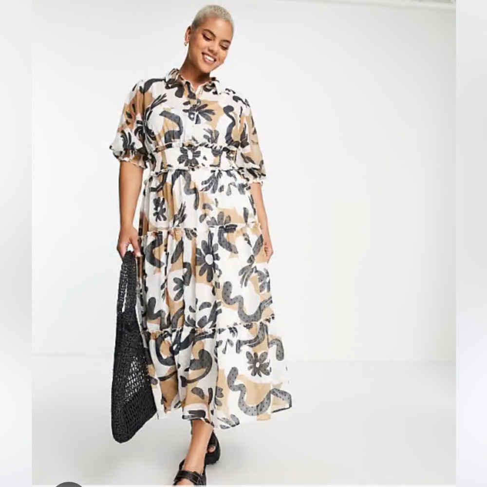 ASOS Curve Floral Long Sleeve Dress in Black, Brown, and Cream